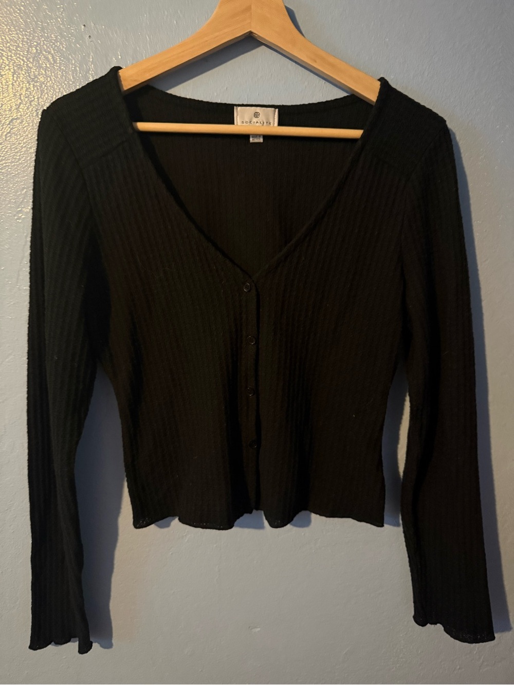 Socialite Black Ribbed Button-Front V-Neck Top